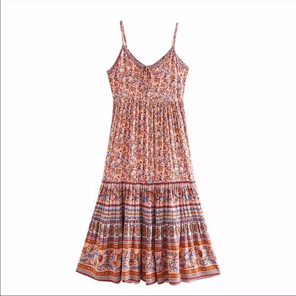 Boho Floral Gypsy Print Cami Maxi Dress Orange - Picture 5 of 16